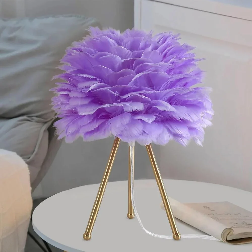 Purple Faux Feather Plumes Leaf Tripod Gold Modern Table Desk Lamp Home Decor